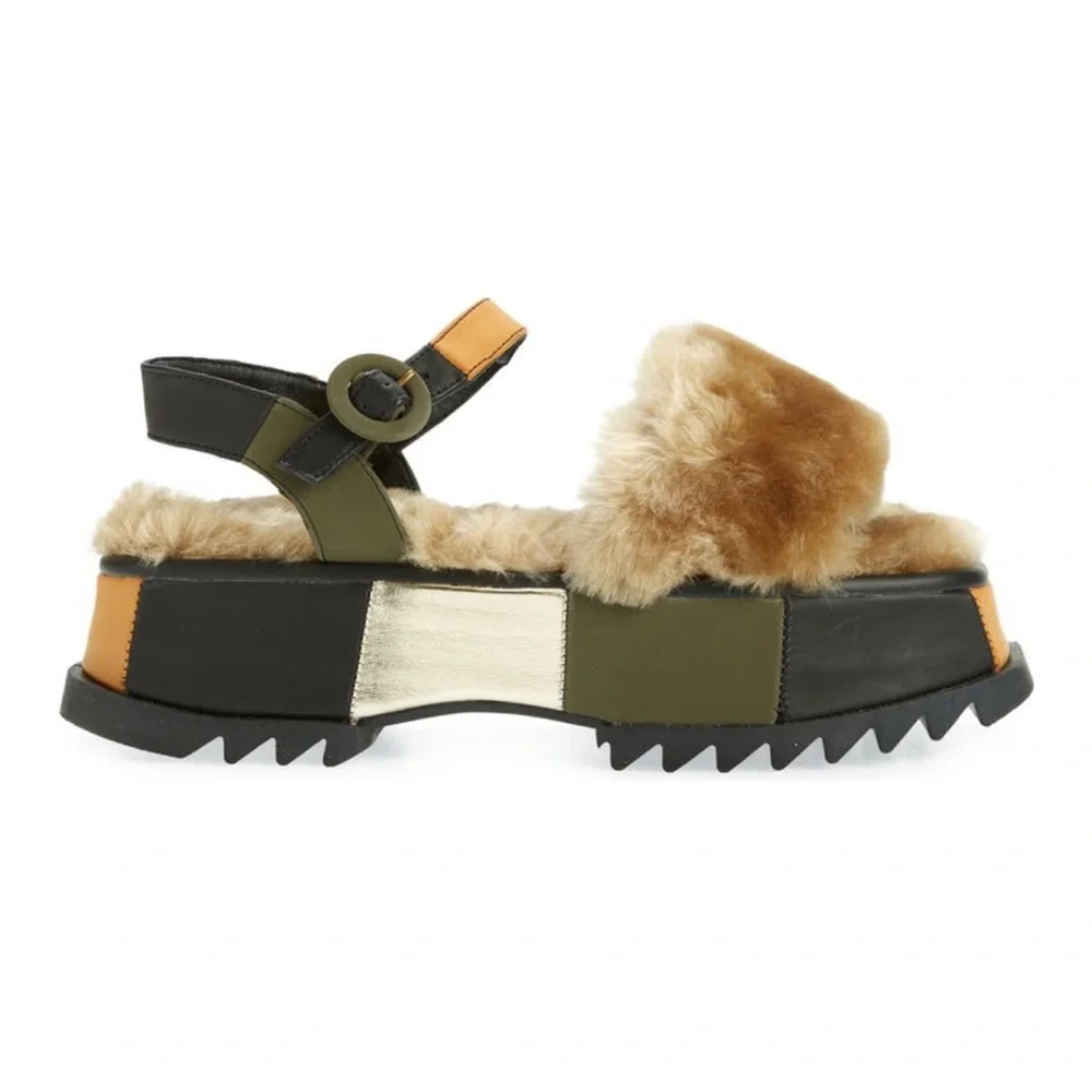 Farm Rio Khaki Patchwork Faux Fur Platform Sandal - Picture 7 of 12